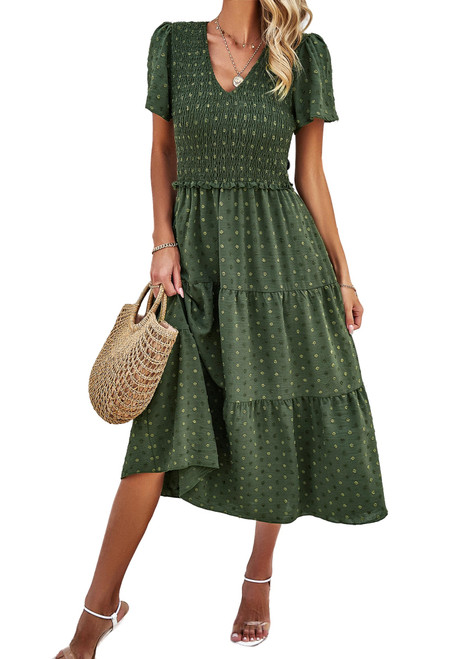 Women Summer 2024 Smocked Midi Dress, Ruffle Short Sleeve V-Neck Flowy A-Line Tiered Swiss Dot Dresses with Pocket Forest Green