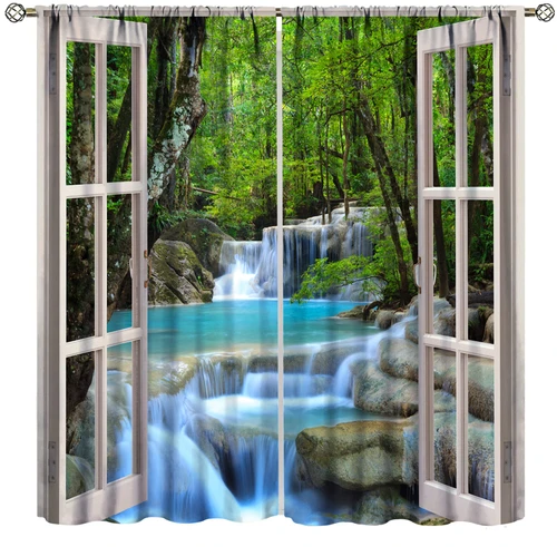 Landscape Curtains,Nature 3D Scenery View Window Treatments for Living Room,Waterfall Forest Lake Tree Nature Scape Curtain 2 Panels,63x63 Inch