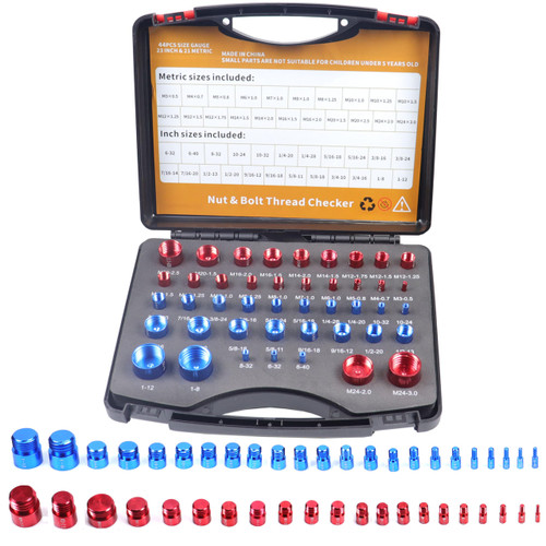 44pcs Nut and Bolt Thread Checker-Practical Thread Checker Set Box Nut and Bolt Size Gauge Box Inch & Metric Size, Bolt and Nut Identifier Gauge Tool Box, 44 Male/Female Gauges