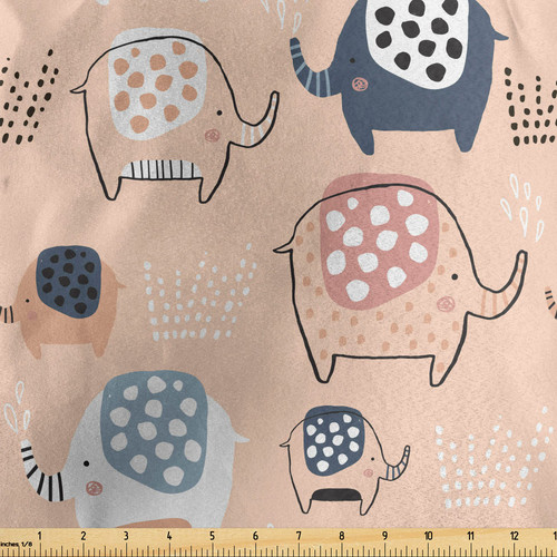Animal Fabric by The Yard, Zoo Creatures Funny Savannah Jungle Wilderness on Pastel Colored Back, Decorative Satin Fabric for Home Textiles and Crafts, 3 Yards, Peach Coral and Night Blue