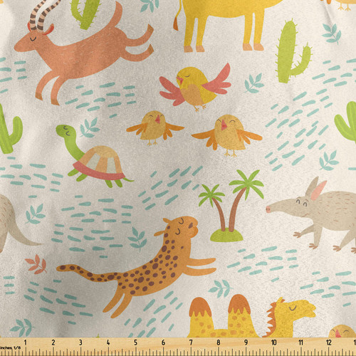 Savannah Fabric by The Yard, Happy Zoo Animals Smiling and Jumping Cartoon Style Pastel Colors Themed Print, Decorative Satin Fabric for Home Textiles and Crafts, 3 Yards, Multicolor