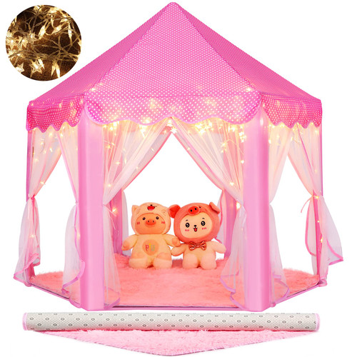 Princess Tent Girls Large Playhouse Kids Castle Play Tent with Star Lights Toy for Children Indoor and Outdoor Games, 55'' x 53'' (DxH) (Pink Princess Tent with Play Mat) Princess Tent Girls Large Playhouse Kids Castle Play Tent with Star Lights Toy for Children Indoor and Outdoor Games, 55'' x 53'' (DxH) (Pink Princess Tent with Play Mat)