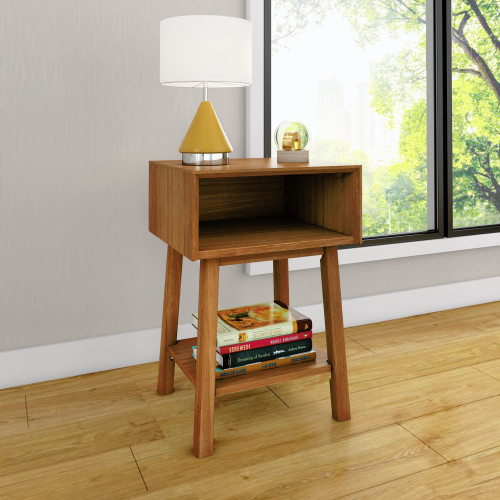 Nightstand, Mid-Century Modern Solid Wood Nightstand with Shelf, Side Table Storage for Bedroom, Kids Bedside End Table, Pecan