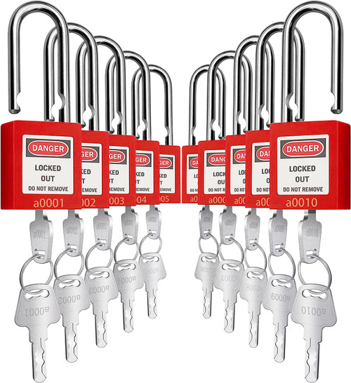 Lockout Tagout Lock 10pcs Key Alike OSHA Loto Safe Padlocks for Lock Out Tag Out Stations and Devices Red
