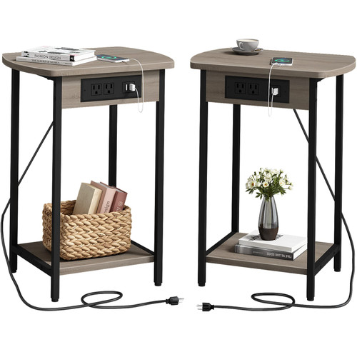 End Tables with Charging Station, Set of 2 Side Tables with USB Ports and Outlets, Nightstands with Storage Shelf for Living Room, Bedroom, Greige