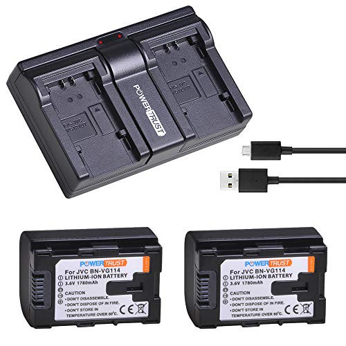 PowerTrust 2-Pack BN-VG114 Battery and Dual Fast Charger for JVC BN-VG107 BN-VG107U BN-VG107US BN-VG114U BN-VG114US BN-VG121 BN-VG121U BN-VG121US Battery and JVC Everio Camera