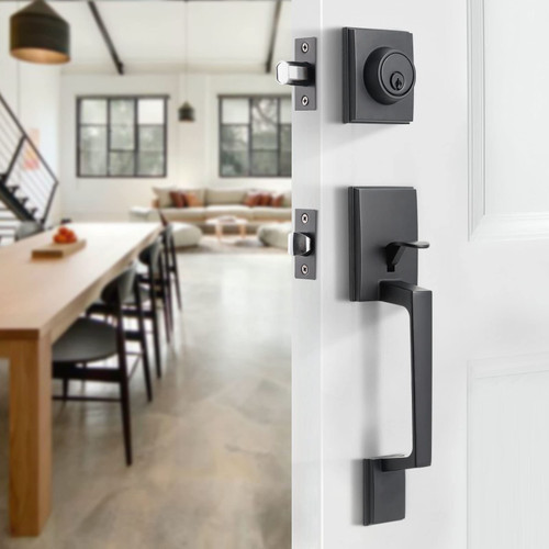 Front Door Handle Set Heavy Duty Entry Door Lock Set Matte Black Entrance Handle Set with Lock, with Single Cylinder Deadbolt and Lever Handle, Reversible for Right & Left Handed Doors