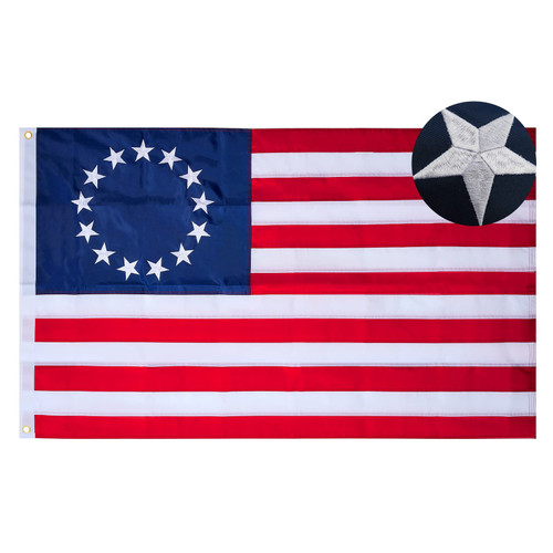 Betsy Ross Flag 5x8 FT Outdoor - Made in USA, Embroidered 13 Stars Colonies Primitive American US Flag, Heavy Duty Nylon Sewn Stripes and Brass Grommets Betsy Ross Flag 5x8 FT Outdoor - Made in USA, Embroidered 13 Stars Colonies Primitive American US Flag, Heavy Duty Nylon Sewn Stripes and Brass Grommets