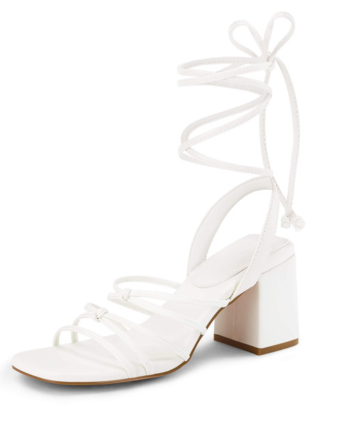 Women's Strappy Chunky Heels Sandals Lace Up Block Heel Square Open Toe Dress Shoes, White, Size 7.5