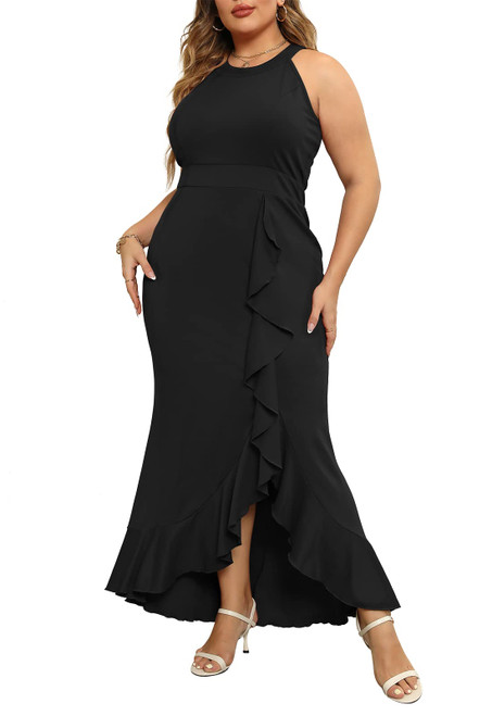 Plus Size Dresses for Curvy Women, Formal Evening Gown, Elegant Maxi Cocktail Dress, Mermaid, Halter Neck(16 Plus, Black)