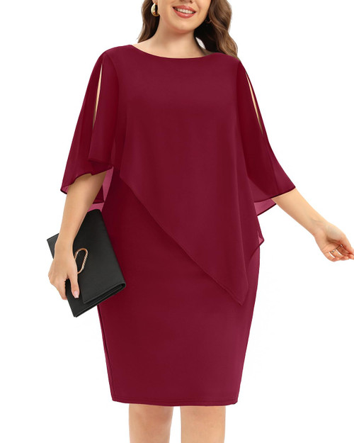 Red Plus Size Dress for Women Cocktail Wedding Guest Chiffon Elegant Holiday Party Semi Formal Bodycon Midi Cape Dresses