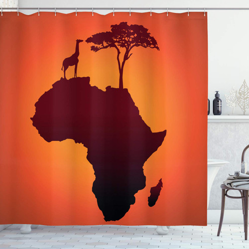 African Shower Curtain, Savannah Map Continent Giraffe and Tree Silhouette Wild Design Illustration, Cloth Fabric Bathroom Decor Set with Hooks, 69" W x 84" L, Orange and Brown