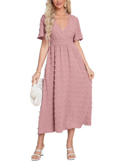 Simplee Womens Boho Maxi Dress Summer Wedding Guest Short Sleeve V Neck Swiss Dot Flowy Dresses(M Pink)