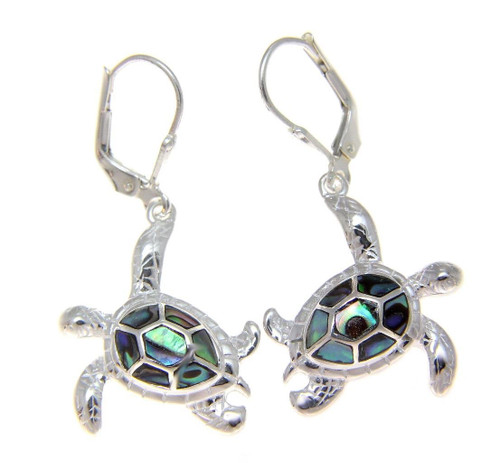925 Sterling silver Hawaiian honu turtle abalone shell paua leverback earrings
