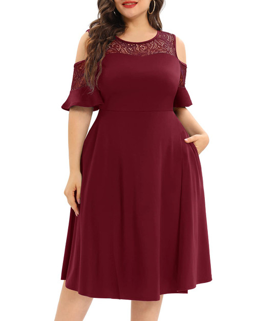 Plus Size Burgundy Women Red Cocktail Cold Shoulder Formal Party Wedding Guest Maroon Bridesmaid Dress with Pockets