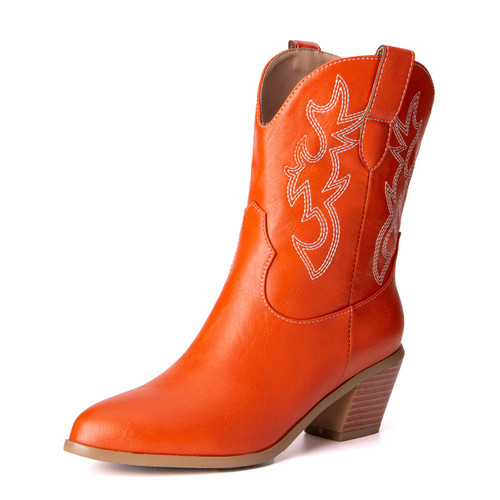 Cowgirl Boots Stitched Ankle Boots for Women EmbroideOrange Cowboy Boots Pointed Toe Orange Cowgirl Boots Western Stitched Ankle Boots Size 46