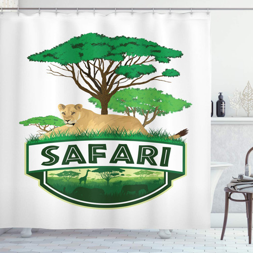 Savannah Shower Curtain, Savannah with Lion and Green Trees Wilderness Theme Exotic Nature, Cloth Fabric Bathroom Decor Set with Hooks, 69" W x 84" L, Sand Brown Hunter Green