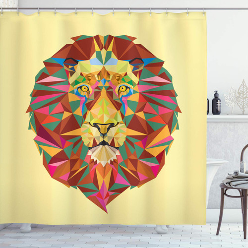 Zoo Shower Curtain, Colorful Animals Geometric Diamond Face Lions Mane Savannah Wildlife Theme Image, Cloth Fabric Bathroom Decor Set with Hooks, 69" W x 84" L, Pastel Yellow