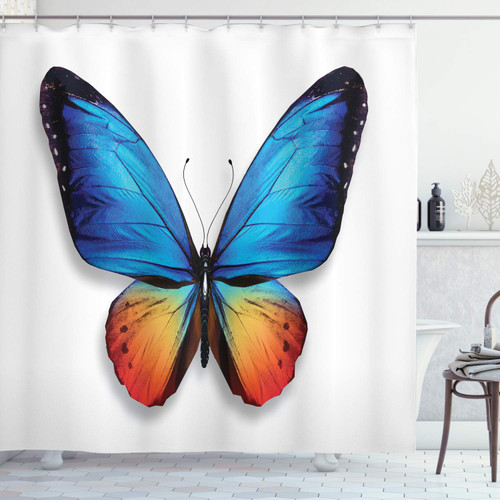 Butterfly Shower Curtain, Big Butterfly Manifests Never Ending Cycle of Life Self Transformation, Cloth Fabric Bathroom Decor Set with Hooks, 69" W x 84" L, Orange Blue Black