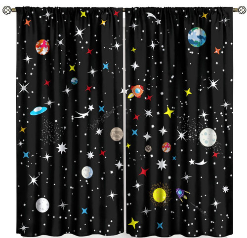 Kids Boys Bedroom Curtains Galaxy Outer Space Playroom Spaceman Planets Theme Solar System Black Cartoon Punch Out Curtains 55x63 Inch 2 Panels