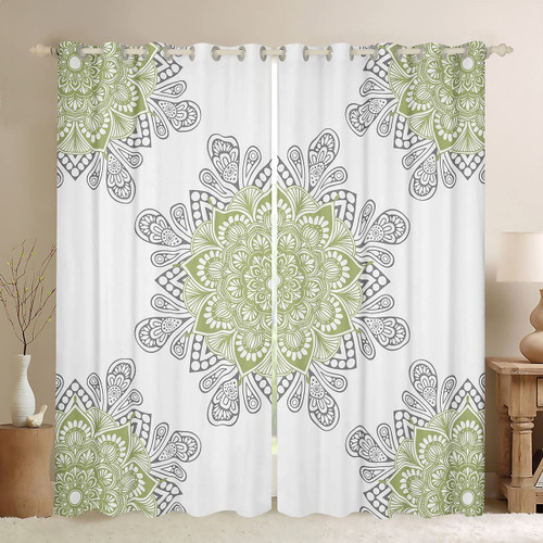 Mandala Blackout Curtains Boho Flower Curtains & Drapes, Hippie Bohemian Curtains Chic Floral Black Out Curtains, Indian Medallion Window Drapes Green and White Bedroom Decor