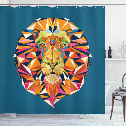 Zoo Shower Curtain, Colorful Animals Geometric Diamond Face Lions Mane Savannah Wildlife Theme Image, Cloth Fabric Bathroom Decor Set with Hooks, 69" W x 84" L, Night Blue