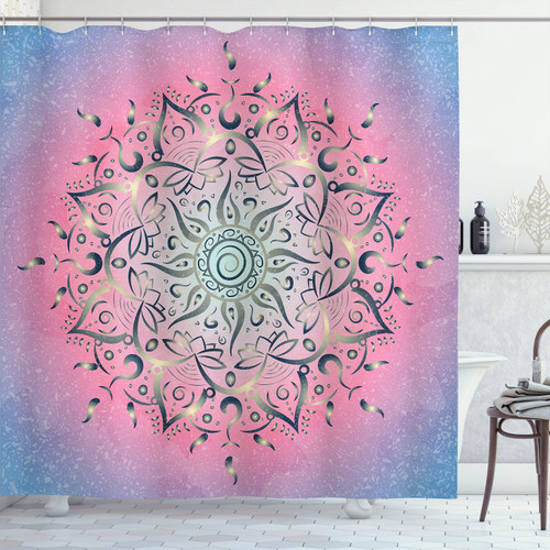 Lotus Shower Curtain, Sun Pattern Ombre Effect of Mandala Culture Traditonal Oriental Print of Art, Cloth Fabric Bathroom Decor Set with Hooks, 84" Long Extra, Lavender Blue