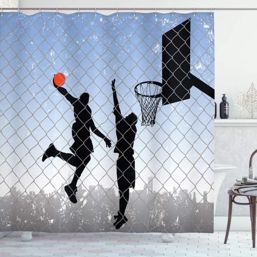 Sports Shower Curtain, Basketball in The Street Theme 2 Players on Grungy Damaged Backdrop, Cloth Fabric Bathroom Decor Set with Hooks, 69" W x 84" L, Pale Blue Grey Black