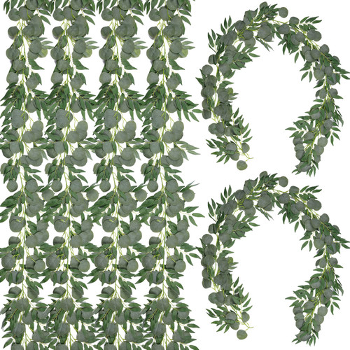6 Pcs 6.2 Feet Artificial Silver Dollar Eucalyptus Leaves Garland with Willow Vines Twigs Leaves String for Doorways Greenery Garland Table Runner Garland Indoor Outdoor.