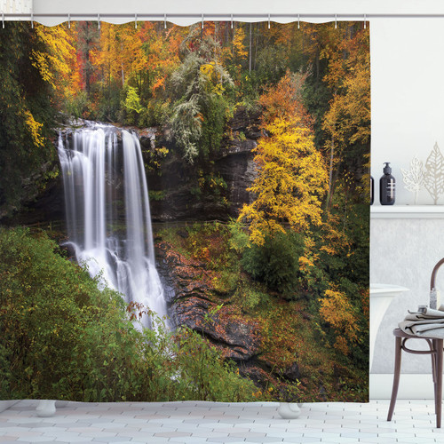 Waterfall Shower Curtain, Autumn Waterfalls with Trees and Pale Fall Leaves in The Forest Print, Cloth Fabric Bathroom Decor Set with Hooks, 69" W x 84" L, Green Yellow White