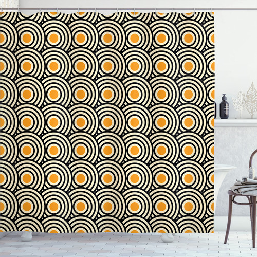 Modern Art Shower Curtain, New Age Retro Minimalist Concentric Spiral Vortex Abstract Work of Art, Cloth Fabric Bathroom Decor Set with Hooks, 69" W x 84" L, Marigold Black