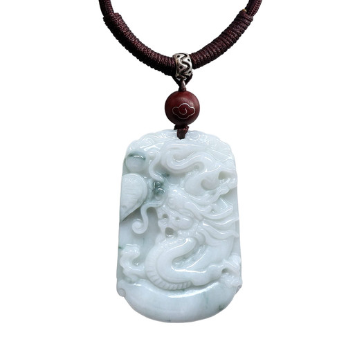 Pure Natural Genuine Jadeite Dragon Pendant Necklace Square Amulet