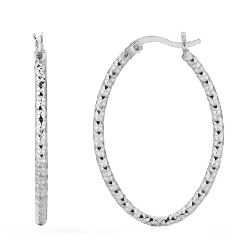 Sterling Silver Rhodium Plated Oval Hoop Earrings, 35mm Sterling Silver Rhodium Plated Oval Hoop Earrings, 35mm