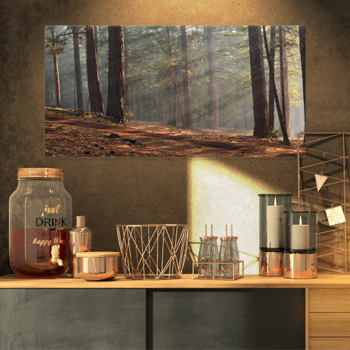 PT9815-32-16 Rays of Sun in Dense Forest Landscape Photo Canvas Art Print, 32x16, Red