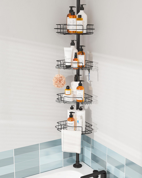 Shower Caddy Corner, 4 Layer Organizer, Rustproof Stainless Shelves, Drill Free Rack, Large Storage and Tension Pole,56-114 Inch, Black
