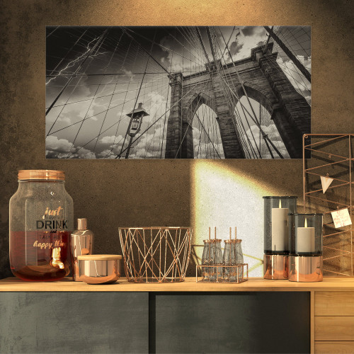 PT8298-32-16 Upward View of Brooklyn Bridge Cityscape Photo Canvas Print, 32x16, Black