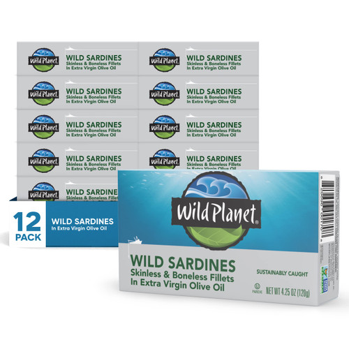 Wild Sardines in Extra Virgin Olive Oil with Sea Salt, Skinless & Boneless, Tinned Fish 4.25 Ounce (Pack of 12) Wild Sardines in Extra Virgin Olive Oil with Sea Salt, Skinless & Boneless, Tinned Fish 4.25 Ounce (Pack of 12)