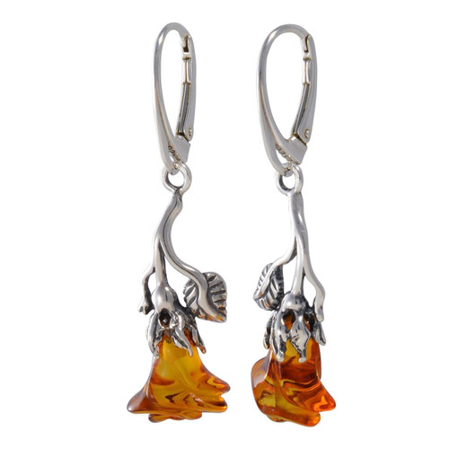 Amber Earrings - GIA Certified Baltic Honey Dangling Amber Dangling Earrings "Roses", 925 Sterling Silver Dangle Earrings - Sterling Silver Jewelry Collection
