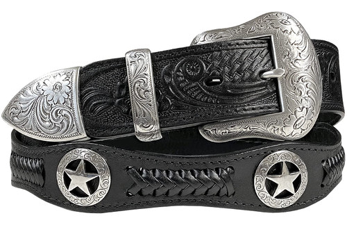 Womens Western Ranger Star Badge Concho Braided Genuine Leather Cowgirl Belt (34, Black)