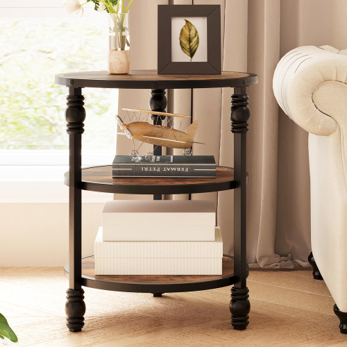 End Table 3-Tier Round Side Table Living Room Accent Table with Storage Shelf and Metal Industrial Wood Bed Side Table/Night Stand for Bedroom, Small Spaces, Rustic Brown (Style B-Brown)