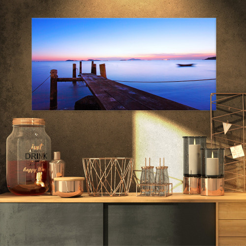PT8349-32-16 Wooden Pier at Sunset Seascape Photo Canvas Art Print, 32x16, Blue PT8349-32-16 Wooden Pier at Sunset Seascape Photo Canvas Art Print, 32x16, Blue