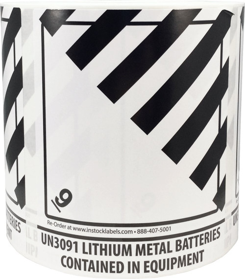 Hazard Class 9 D.O.T. UN3091 Lithium Metal Batteries Contained in Equipment 4 x 4 3/4 Inch Square 500 Adhesive Stickers