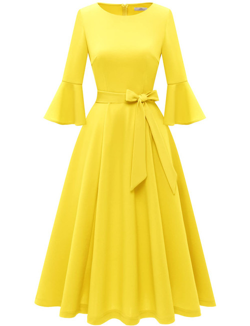 Women's Vintage Midi Formal Cocktail Party Dresses Elegant Bell Sleeve Dresses for Women Wedding Bridesmaid Tea Wedding Guest Yellow S