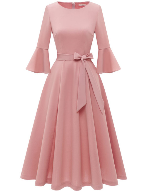 Blush Pink Homecoming Dress for Women Vintage Bell Sleeve Dress Swing A-Line Midi Modest Dresses for Women Wedding Guest Dresses Blush S