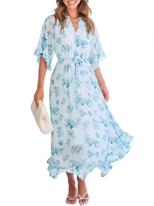 Women's Summer Ruffle Maxi Dress Floral Print 3/4 Bell Sleeve V Neck High Waist Flowy Boho Long Dress 746bailvye-L