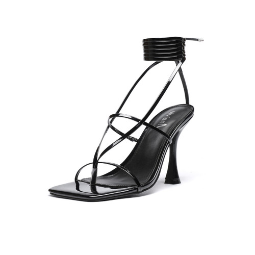 Women's Strappy Lace Up Thong Heels Sandals Square Open Toe Stiletto High Heel Wedding Dress Shoes Black Size 6