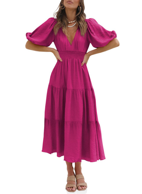 Women's Deep V Neck Puff Half Sleeve Midi Dress Summer Tiered A Line Boho Long Maxi Dress Pink