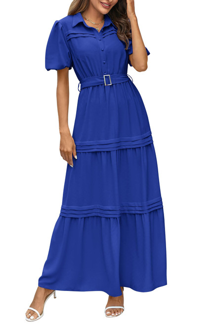 Summer Maxi Dresses for Women Puffy Short Sleeve Lapel V Neck Tiered Ruffle Flowy Elegant Long Dress with Belt (Royal Blue,Small) Summer Maxi Dresses for Women Puffy Short Sleeve Lapel V Neck Tiered Ruffle Flowy Elegant Long Dress with Belt (Royal Blue,Small)