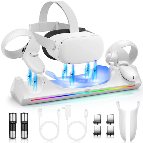 Charging Dock for Meta Quest 2, VR Charging Station for Oculus Quest 2 Support LED Indicator/Magnetic Charging Headset & Touch Controllers, with 2 Rechargeable Batteries, USB-C Charger & Cable