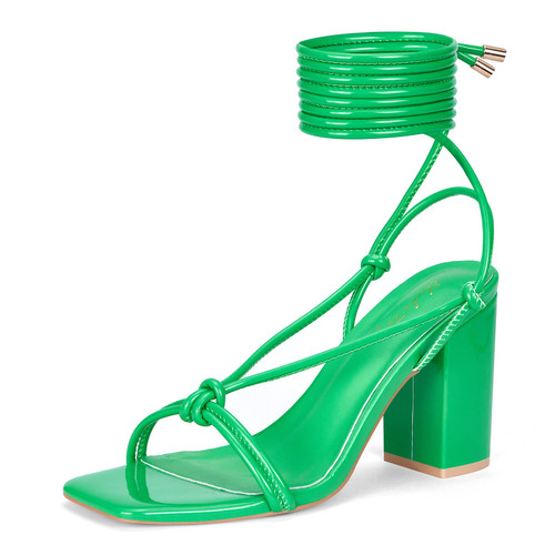 Women's Strappy Chunky Heels Sandals, Lace Up 3 inch Low Block Heels Ankle Wrap Heel Square Open Toe Tie Up Heeled Sandals Shoes Size 8 Green